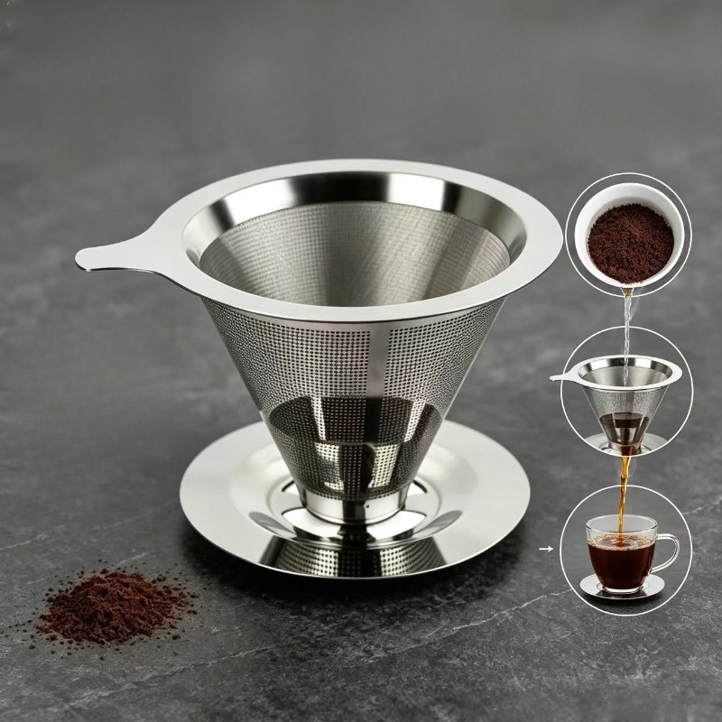 Coffee Equipment Pour Over - ดริปเปอร์กาแฟแบบเทน้ำ สแตนเลส ตัวกรองกาแฟทรงกรวย ตัวกรองกาแฟแบบไม่ใช้กระดาษ เครื่องชงกาแฟแบบถ้วยเดี่ยว